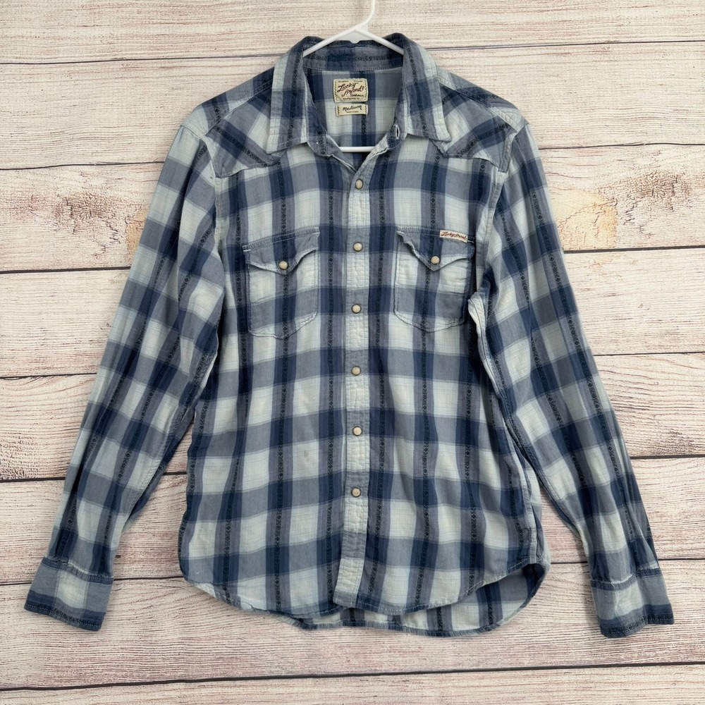 Lucky Brand Western Shirt Mens Medium Blue Plaid Pearl Snap Long Sleeve